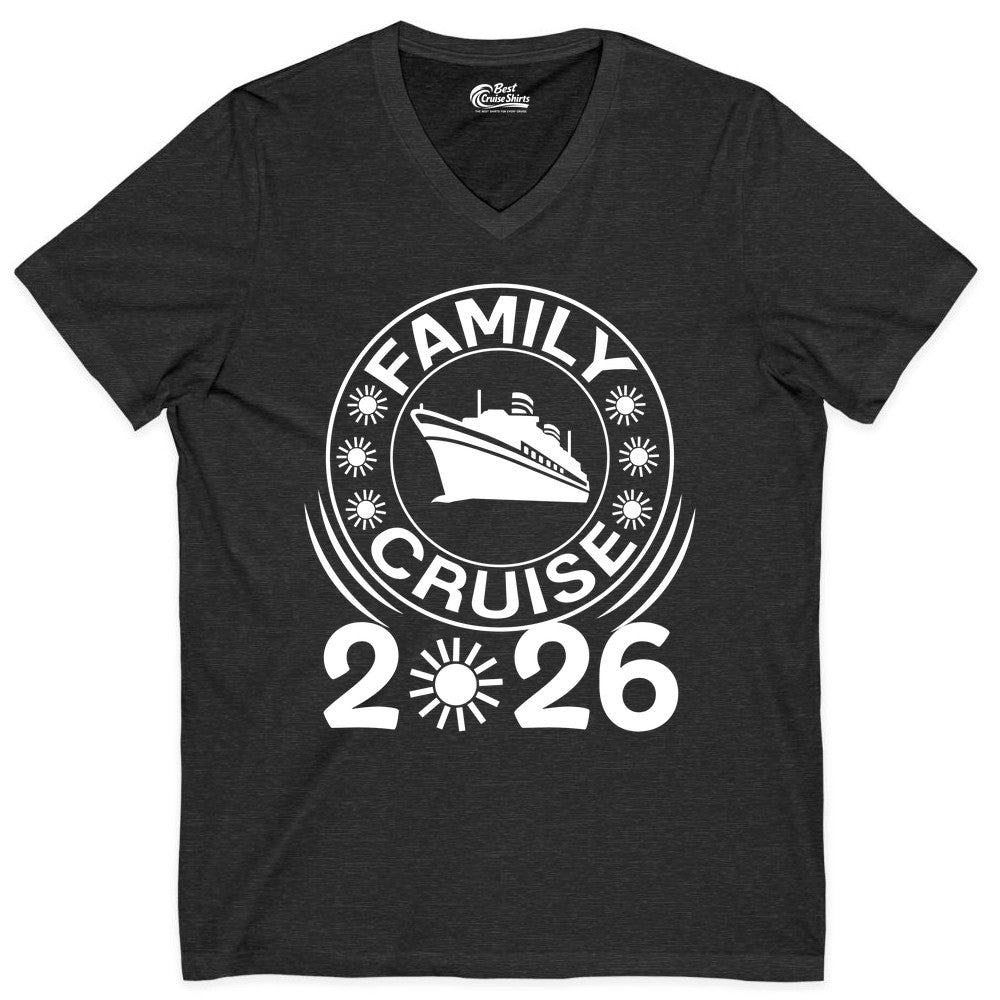 Family Cruise 2026 Shirt - Matching Family Cruise Trip Vacation Tees (V-Neck) in Dark Grey Heather - Family Cruise 2026 Shirt - Bold Ship and Playful Sun Vacation Design