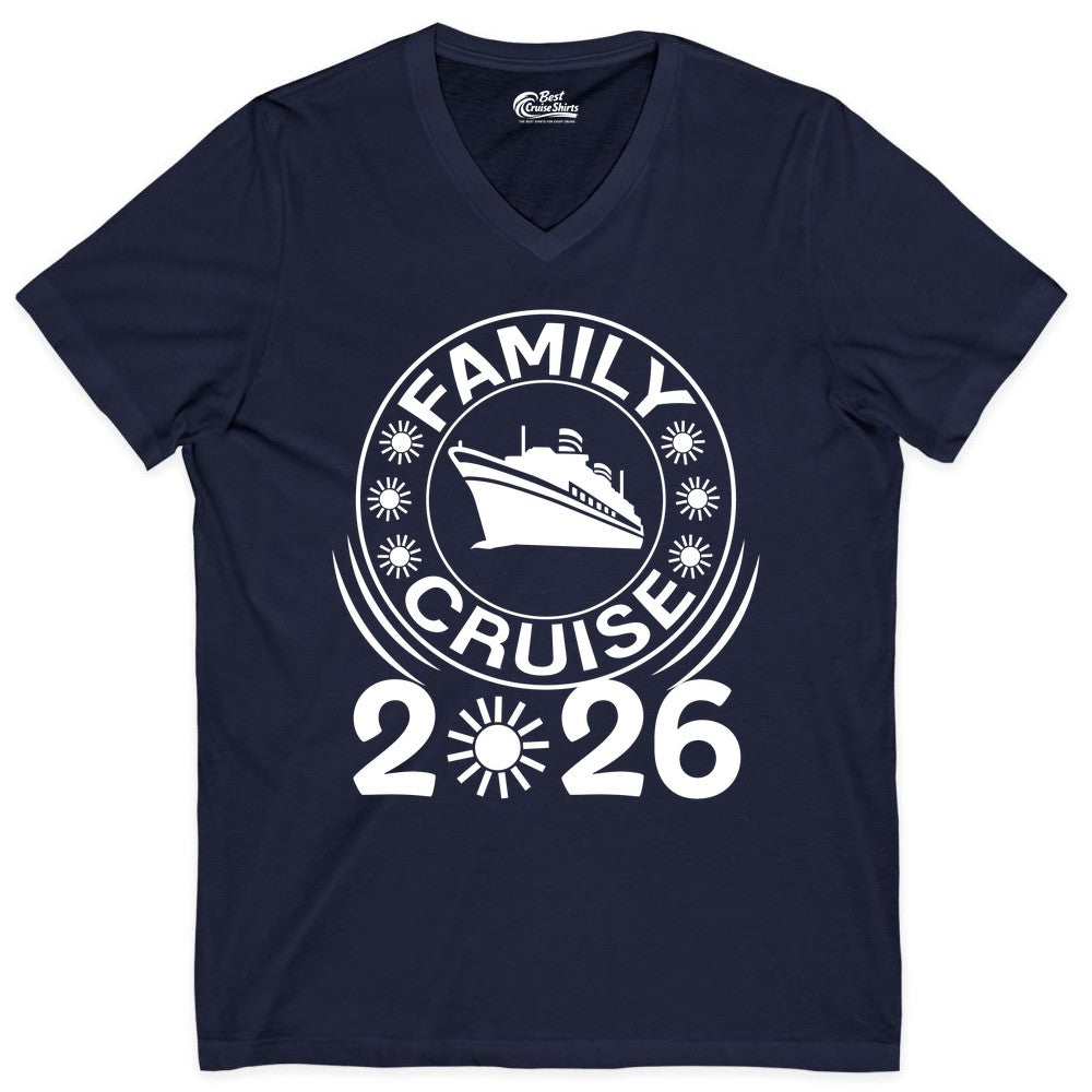 Family Cruise 2026 Shirt - Matching Family Cruise Trip Vacation Tees (V-Neck) in Navy - Family Cruise 2026 Shirt - Bold Ship and Playful Sun Vacation Design