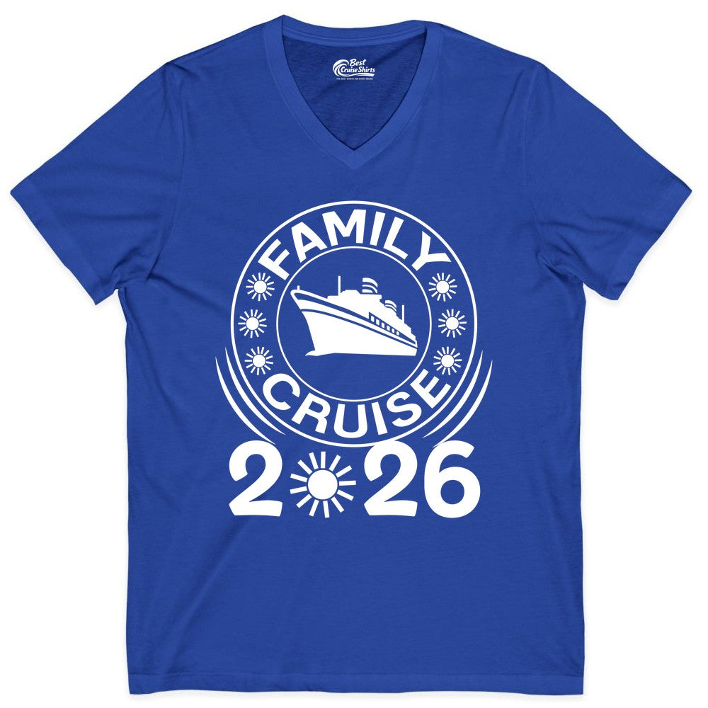 Family Cruise 2026 Shirt - Matching Family Cruise Trip Vacation Tees (V-Neck) in True Royal - Family Cruise 2026 Shirt - Bold Ship and Playful Sun Vacation Design
