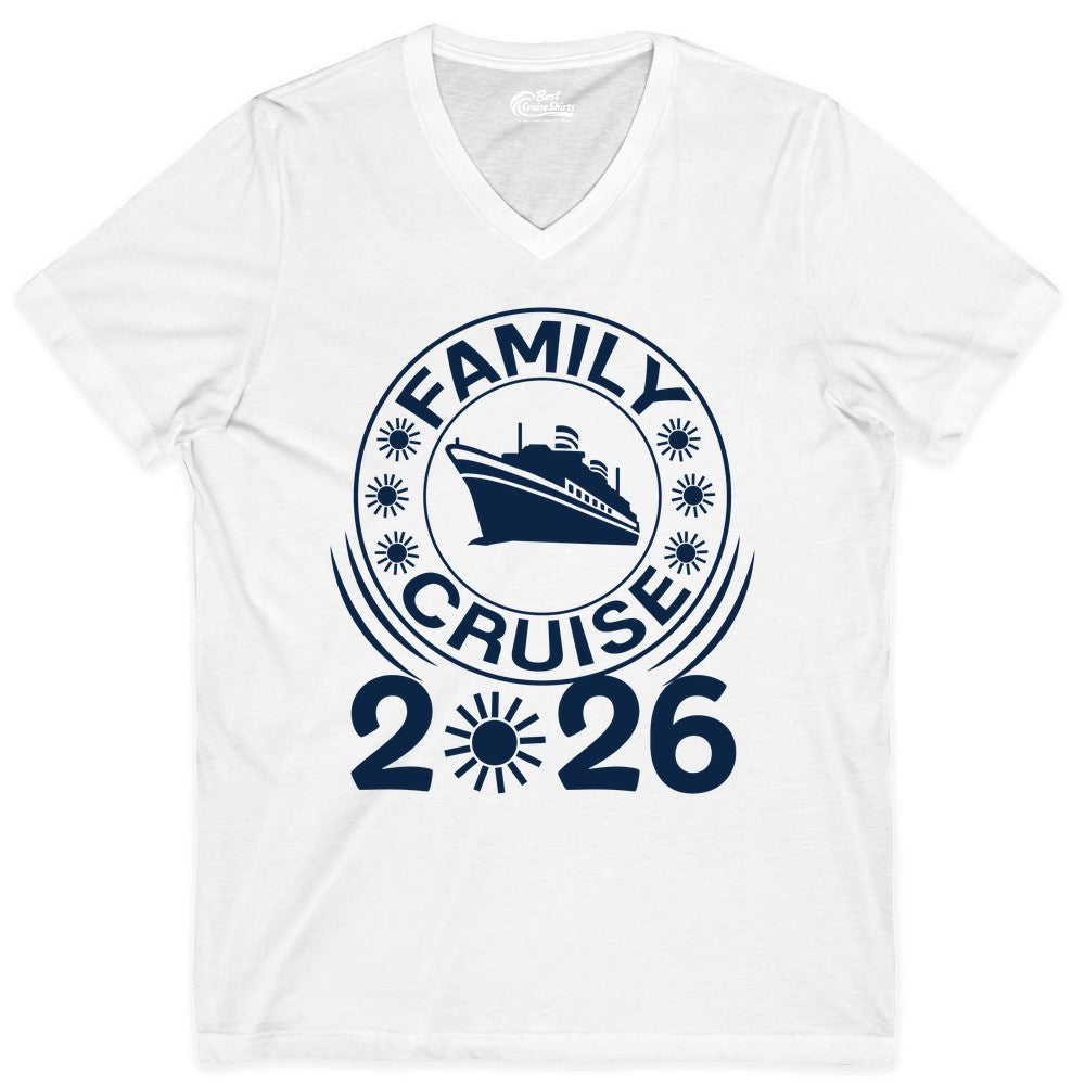 Family Cruise 2026 Shirt - Matching Family Cruise Trip Vacation Tees (V-Neck) in White - Family Cruise 2026 Shirt - Bold Ship and Playful Sun Vacation Design