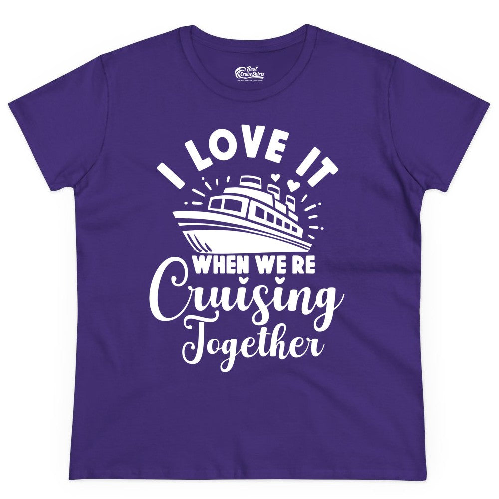 Cruising Together Shirt - Romantic Couples Cruise Vacation T-Shirt (Ladies Tee) in Purple - Romantic Cruise Ship Cruising Together Shirt With Hearts Design