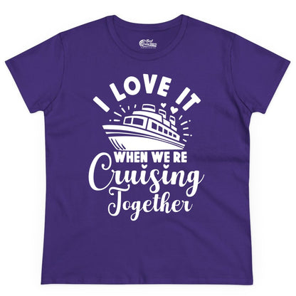 Cruising Together Shirt - Romantic Couples Cruise Vacation T-Shirt (Ladies Tee) in Purple - Romantic Cruise Ship Cruising Together Shirt With Hearts Design