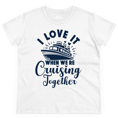 Cruising Together Shirt - Romantic Couples Cruise Vacation T-Shirt (Ladies Tee) in White - Romantic Cruise Ship Cruising Together Shirt With Hearts Design