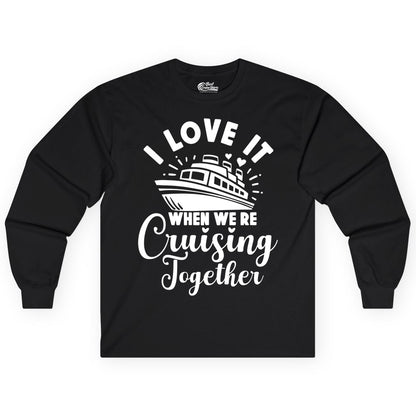 Cruising Together Shirt - Romantic Couples Cruise Vacation T-Shirt (Long Sleeve) in Black - Romantic Cruise Ship Cruising Together Shirt With Hearts Design
