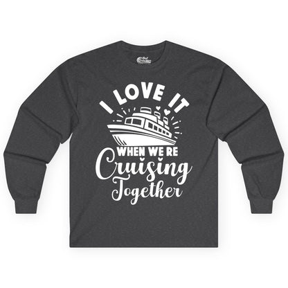 Cruising Together Shirt - Romantic Couples Cruise Vacation T-Shirt (Long Sleeve) in Dark Heather - Romantic Cruise Ship Cruising Together Shirt With Hearts Design