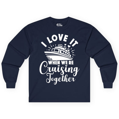 Cruising Together Shirt - Romantic Couples Cruise Vacation T-Shirt (Long Sleeve) in Navy - Romantic Cruise Ship Cruising Together Shirt With Hearts Design
