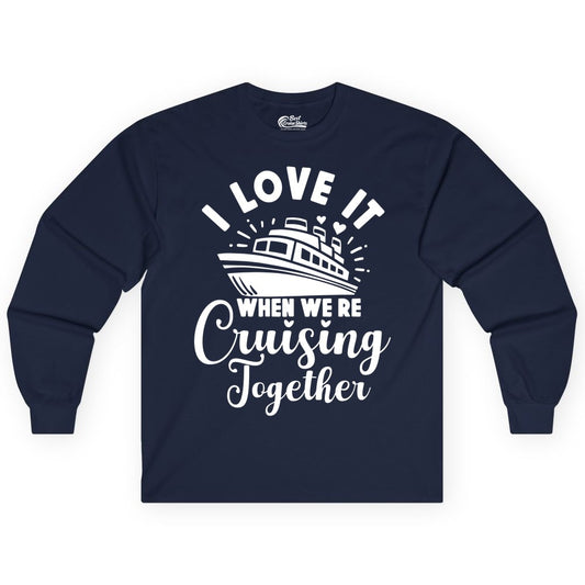 Cruising Together Shirt - Romantic Couples Cruise Vacation T-Shirt (Long Sleeve) in Navy - Romantic Cruise Ship Cruising Together Shirt With Hearts Design