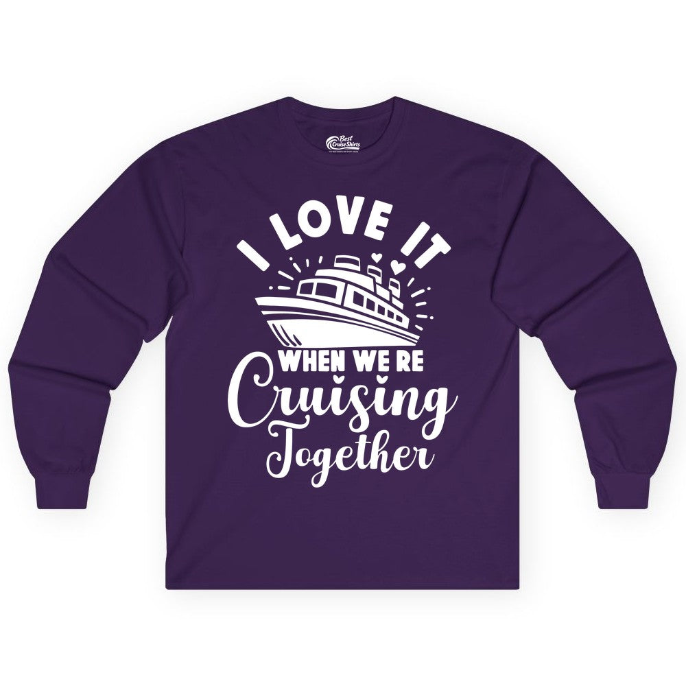 Cruising Together Shirt - Romantic Couples Cruise Vacation T-Shirt (Long Sleeve) in Purple - Romantic Cruise Ship Cruising Together Shirt With Hearts Design