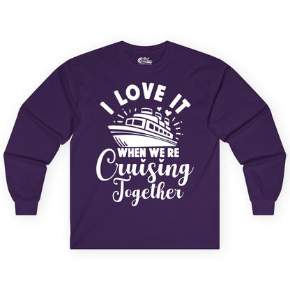 Cruising Together Shirt - Romantic Couples Cruise Vacation T-Shirt (Long Sleeve) in Purple - Romantic Cruise Ship Cruising Together Shirt With Hearts Design