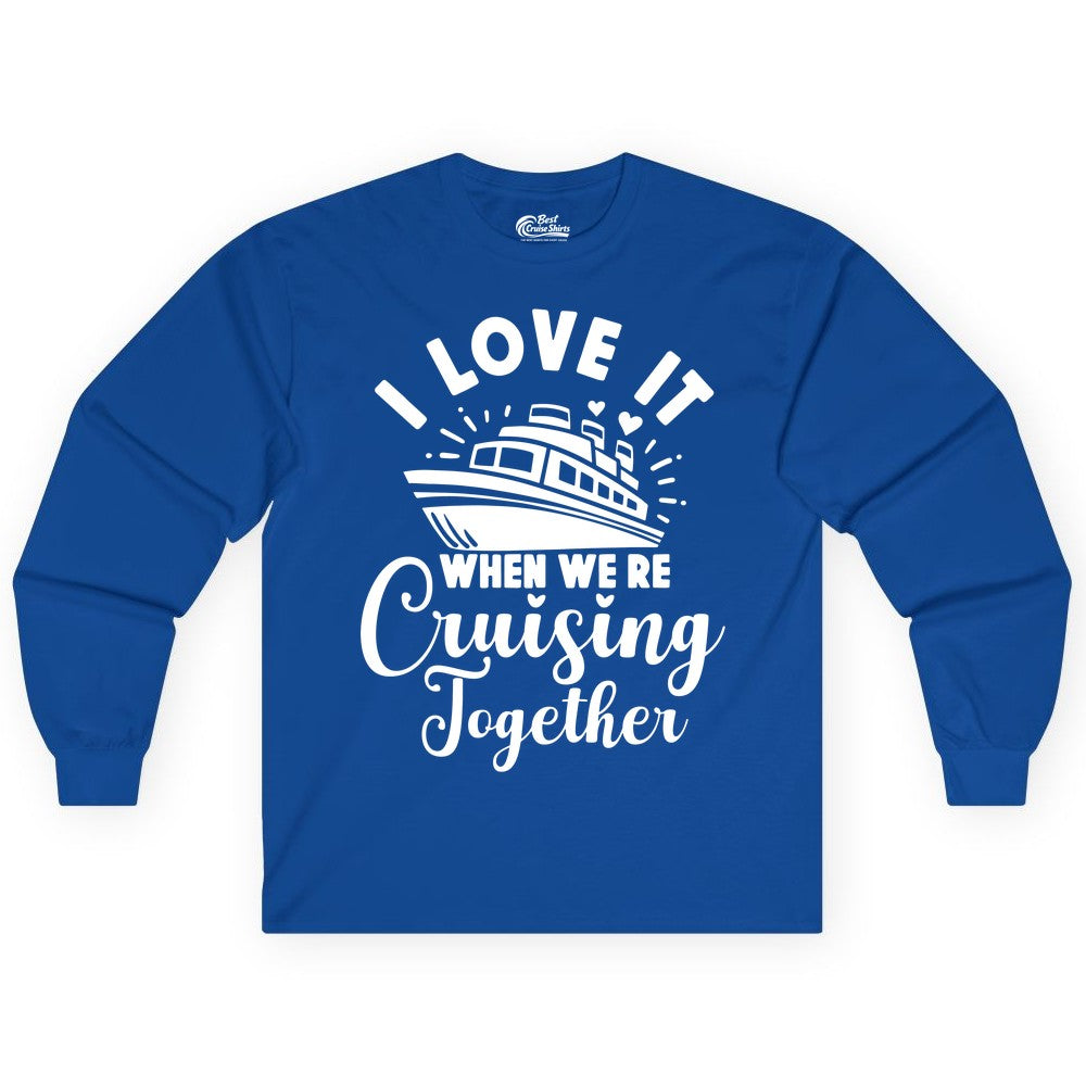 Cruising Together Shirt - Romantic Couples Cruise Vacation T-Shirt (Long Sleeve) in Royal - Romantic Cruise Ship Cruising Together Shirt With Hearts Design