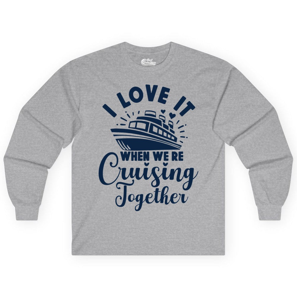 Cruising Together Shirt - Romantic Couples Cruise Vacation T-Shirt (Long Sleeve) in Sport Grey - Romantic Cruise Ship Cruising Together Shirt With Hearts Design