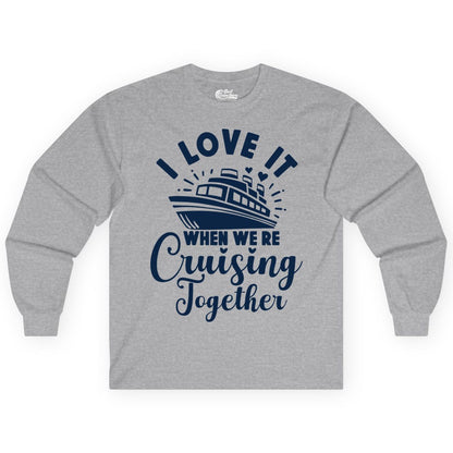 Cruising Together Shirt - Romantic Couples Cruise Vacation T-Shirt (Long Sleeve) in Sport Grey - Romantic Cruise Ship Cruising Together Shirt With Hearts Design