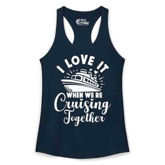 Cruising Together Shirt - Romantic Couples Cruise Vacation T-Shirt (Ladies Tank) in Solid Midnight Navy - Romantic Cruise Ship Cruising Together Shirt With Hearts Design