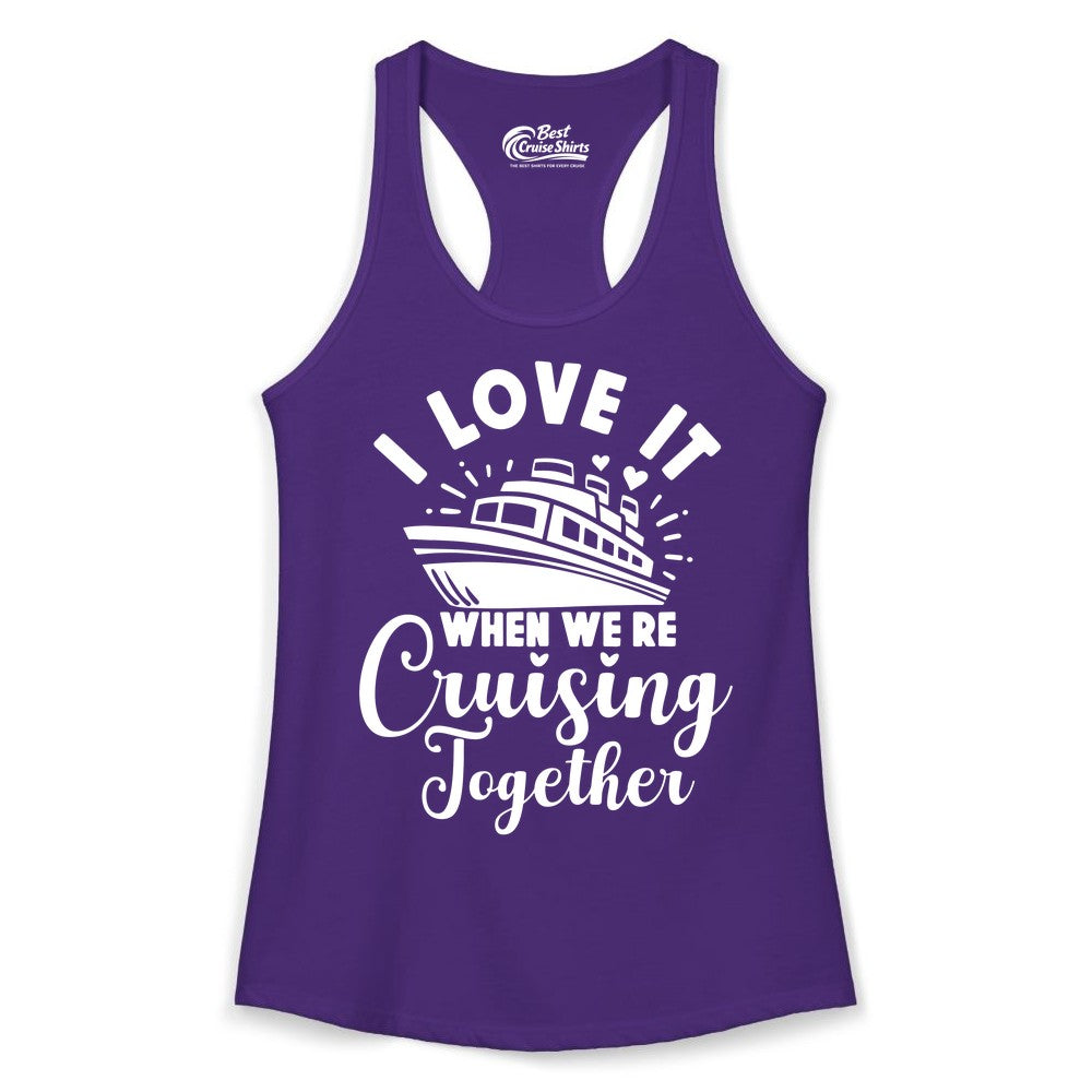 Cruising Together Shirt - Romantic Couples Cruise Vacation T-Shirt (Ladies Tank) in Solid Purple Rush - Romantic Cruise Ship Cruising Together Shirt With Hearts Design