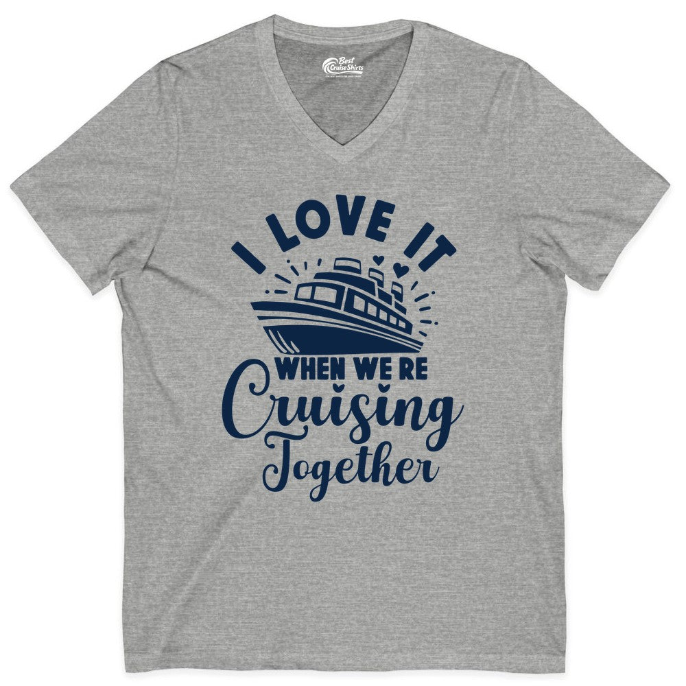 Cruising Together Shirt - Romantic Couples Cruise Vacation T-Shirt (V-Neck) in Athletic Heather - Romantic Cruise Ship Cruising Together Shirt With Hearts Design