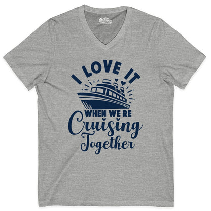 Cruising Together Shirt - Romantic Couples Cruise Vacation T-Shirt (V-Neck) in Athletic Heather - Romantic Cruise Ship Cruising Together Shirt With Hearts Design