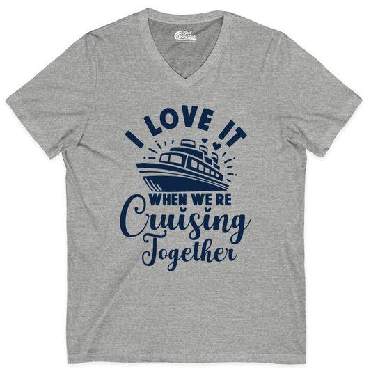 Cruising Together Shirt - Romantic Couples Cruise Vacation T-Shirt (V-Neck) in Athletic Heather - Romantic Cruise Ship Cruising Together Shirt With Hearts Design