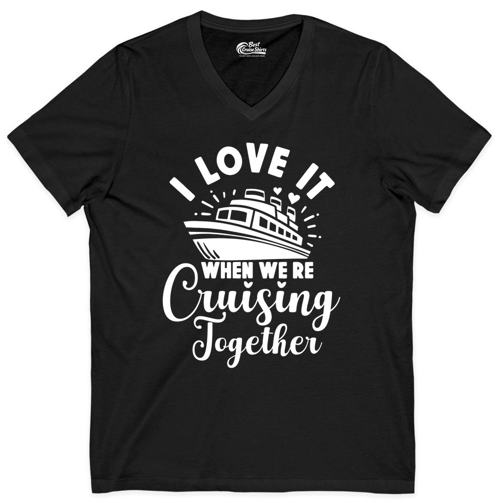 Cruising Together Shirt - Romantic Couples Cruise Vacation T-Shirt (V-Neck) in Black - Romantic Cruise Ship Cruising Together Shirt With Hearts Design