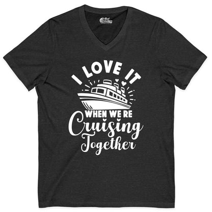 Cruising Together Shirt - Romantic Couples Cruise Vacation T-Shirt (V-Neck) in Dark Grey Heather - Romantic Cruise Ship Cruising Together Shirt With Hearts Design
