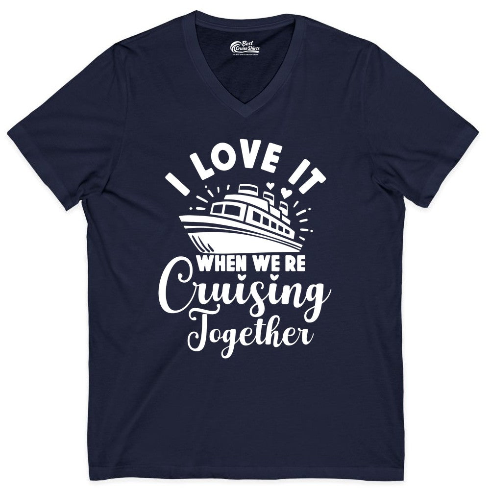 Cruising Together Shirt - Romantic Couples Cruise Vacation T-Shirt (V-Neck) in Navy - Romantic Cruise Ship Cruising Together Shirt With Hearts Design