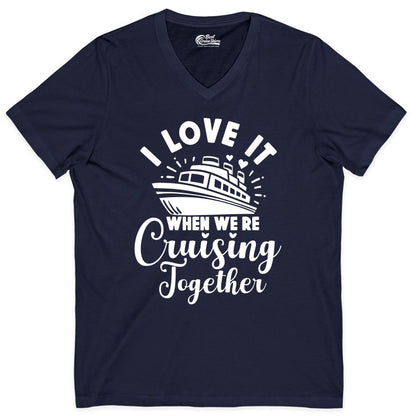 Cruising Together Shirt - Romantic Couples Cruise Vacation T-Shirt (V-Neck) in Navy - Romantic Cruise Ship Cruising Together Shirt With Hearts Design