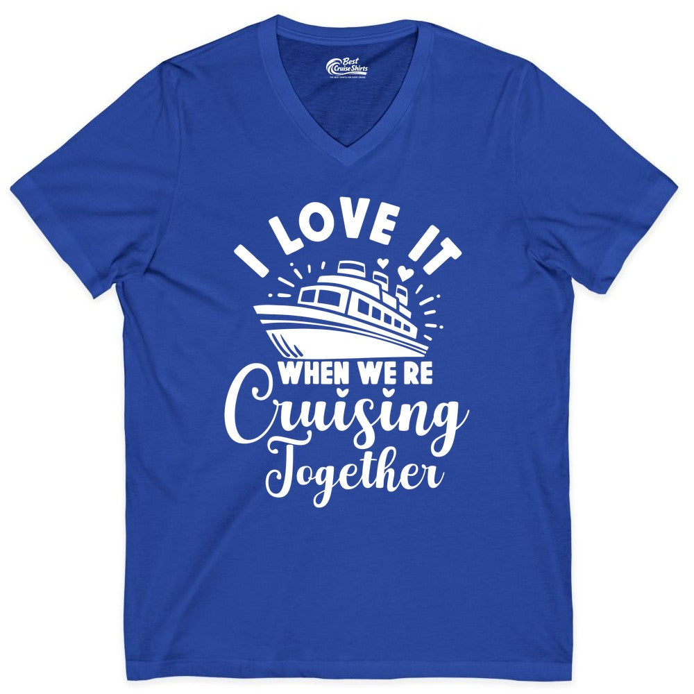 Cruising Together Shirt - Romantic Couples Cruise Vacation T-Shirt (V-Neck) in True Royal - Romantic Cruise Ship Cruising Together Shirt With Hearts Design