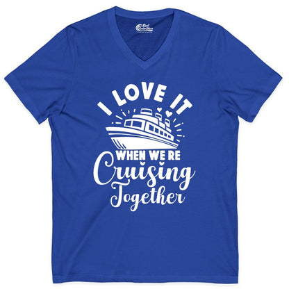 Cruising Together Shirt - Romantic Couples Cruise Vacation T-Shirt (V-Neck) in True Royal - Romantic Cruise Ship Cruising Together Shirt With Hearts Design
