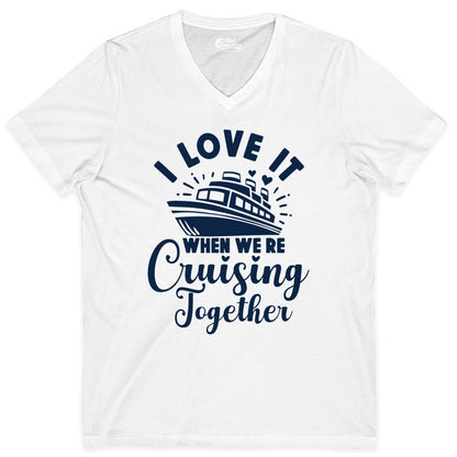 Cruising Together Shirt - Romantic Couples Cruise Vacation T-Shirt (V-Neck) in White - Romantic Cruise Ship Cruising Together Shirt With Hearts Design