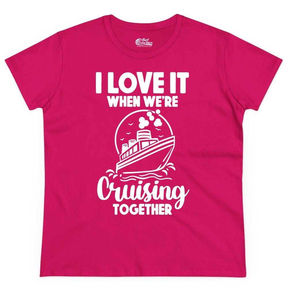 Cruising Together Shirt - Fun Cruise Couple Shirt for Vacation (Ladies Tee) in Heliconia - Cruising Together Bold Monochrome Cruise Ship Shirt for Groups