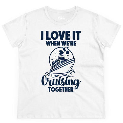 Cruising Together Shirt - Fun Cruise Couple Shirt for Vacation (Ladies Tee) in White - Cruising Together Bold Monochrome Cruise Ship Shirt for Groups