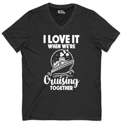 Cruising Together Shirt - Fun Cruise Couple Shirt for Vacation (V-Neck) in Dark Grey Heather - Cruising Together Bold Monochrome Cruise Ship Shirt for Groups