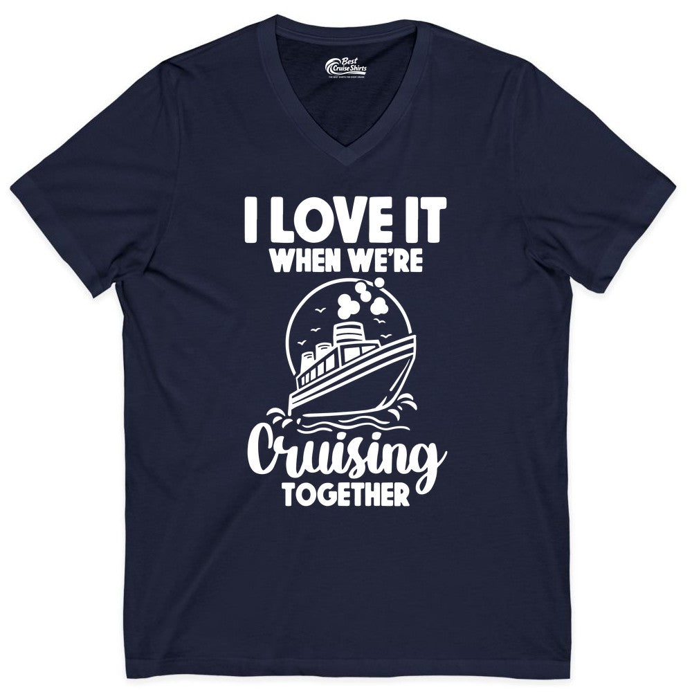 Cruising Together Shirt - Fun Cruise Couple Shirt for Vacation (V-Neck) in Navy - Cruising Together Bold Monochrome Cruise Ship Shirt for Groups