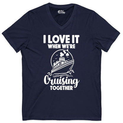Cruising Together Shirt - Fun Cruise Couple Shirt for Vacation (V-Neck) in Navy - Cruising Together Bold Monochrome Cruise Ship Shirt for Groups