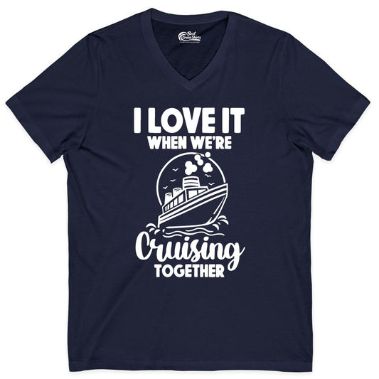 Cruising Together Shirt - Fun Cruise Couple Shirt for Vacation (V-Neck) in Navy - Cruising Together Bold Monochrome Cruise Ship Shirt for Groups