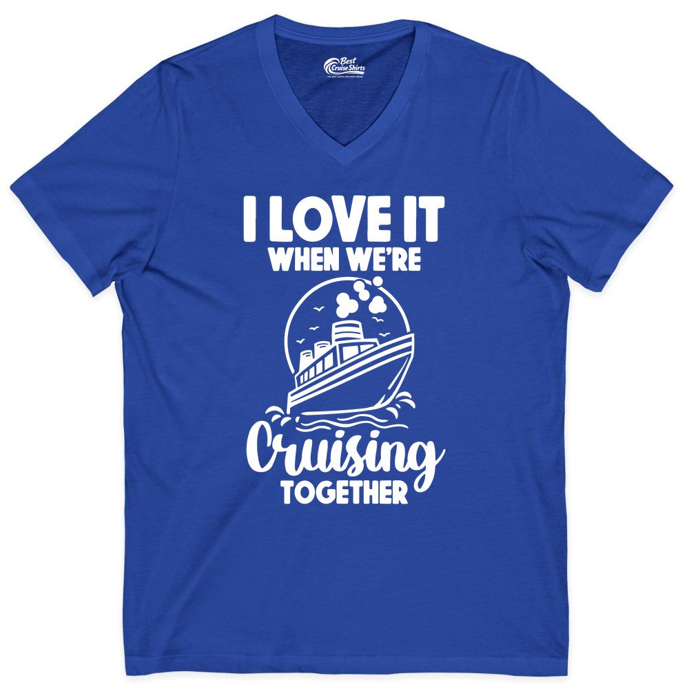 Cruising Together Shirt - Fun Cruise Couple Shirt for Vacation (V-Neck) in True Royal - Cruising Together Bold Monochrome Cruise Ship Shirt for Groups