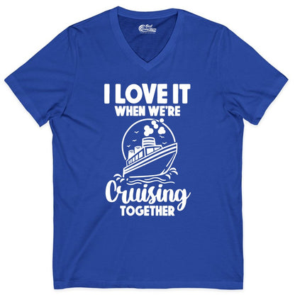 Cruising Together Shirt - Fun Cruise Couple Shirt for Vacation (V-Neck) in True Royal - Cruising Together Bold Monochrome Cruise Ship Shirt for Groups