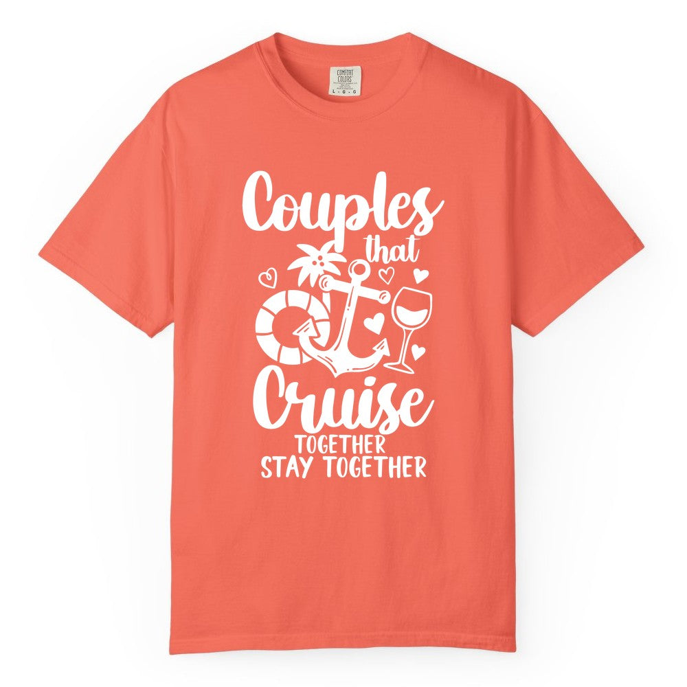 Couples Cruise Shirt - Romantic Cruise Vacation Apparel Gift (Comfort Color) in Bright Salmon - Couples Cruise Together Nautical Romantic Vacation Shirt Design
