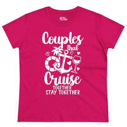 Couples Cruise Shirt - Romantic Cruise Vacation Apparel Gift (Ladies Tee) in Heliconia - Couples Cruise Together Nautical Romantic Vacation Shirt Design