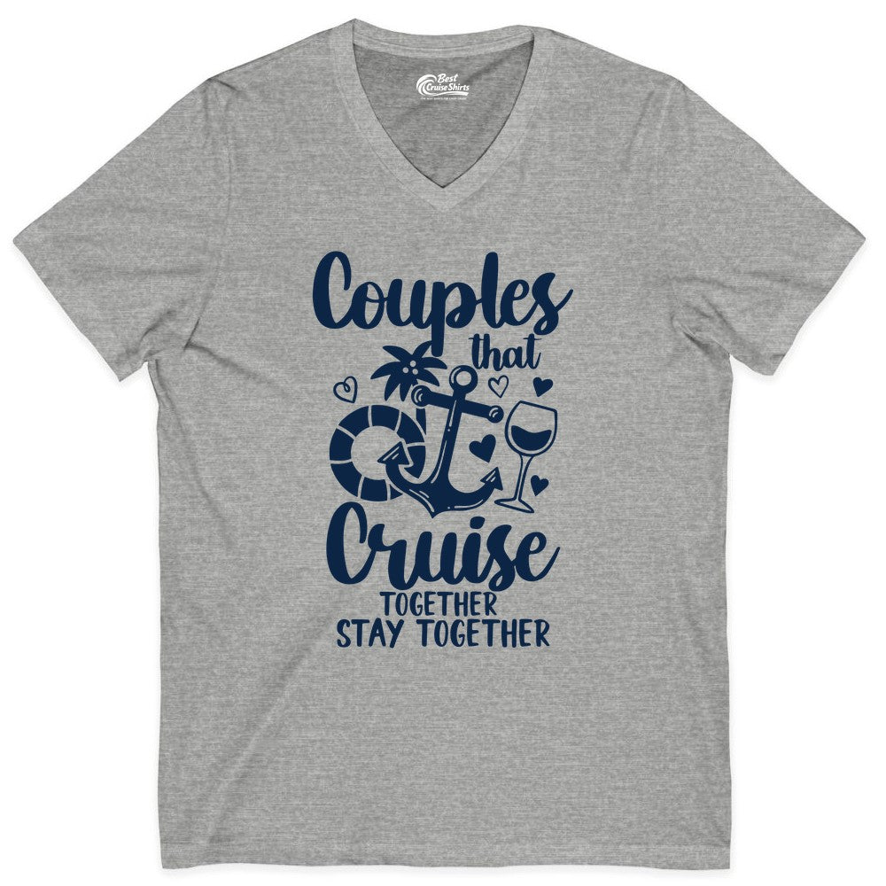 Couples Cruise Shirt - Romantic Cruise Vacation Apparel Gift (V-Neck) in Athletic Heather - Couples Cruise Together Nautical Romantic Vacation Shirt Design
