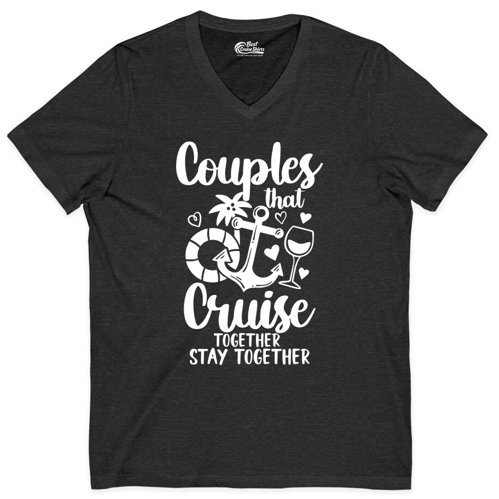 Couples Cruise Shirt - Romantic Cruise Vacation Apparel Gift (V-Neck) in Dark Grey Heather - Couples Cruise Together Nautical Romantic Vacation Shirt Design