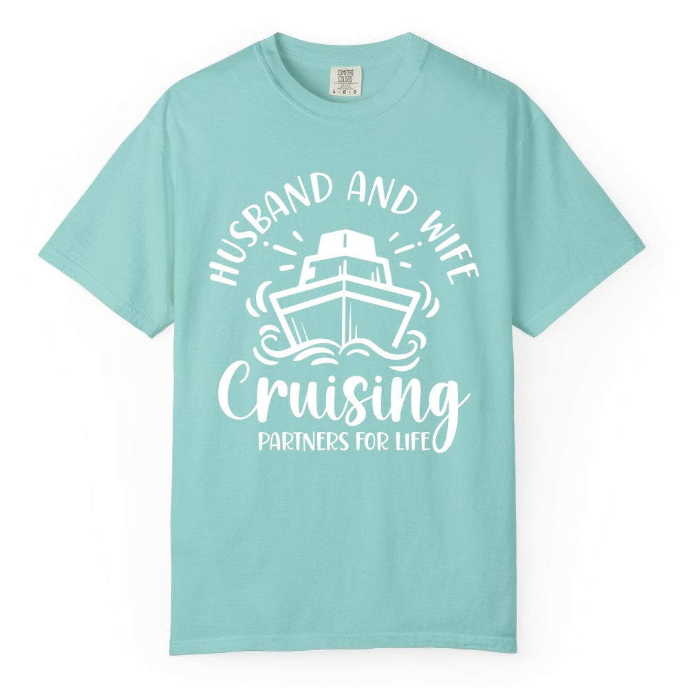 Husband Wife Cruise Shirt - Married Couple Cruising Partners Tee (Comfort Color) in Chalky Mint - Husband and Wife Cruising Partners for Life Nautical Couples Shirt