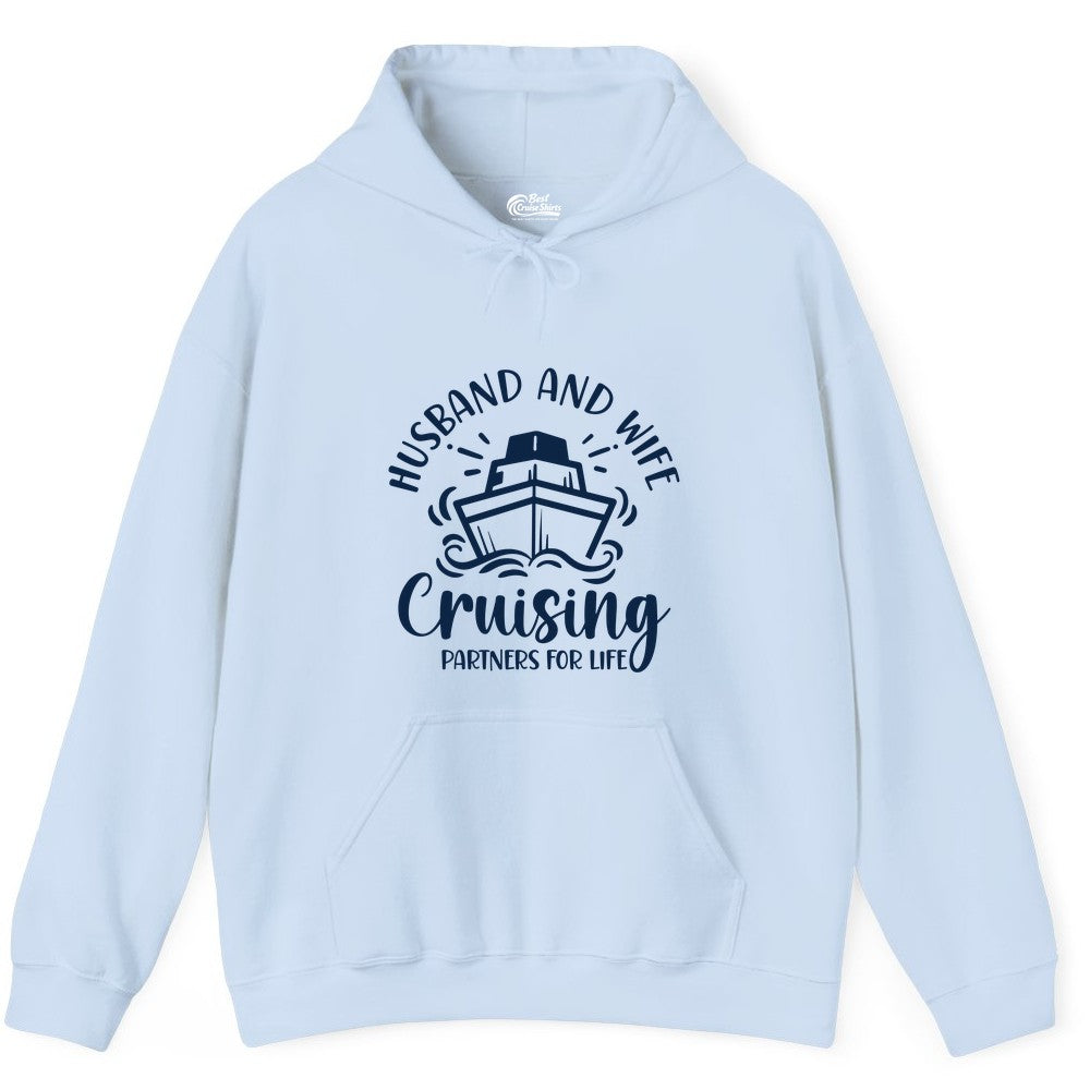 Husband Wife Cruise Shirt - Married Couple Cruising Partners Tee (Hoodie) in Light Blue - Husband and Wife Cruising Partners for Life Nautical Couples Shirt