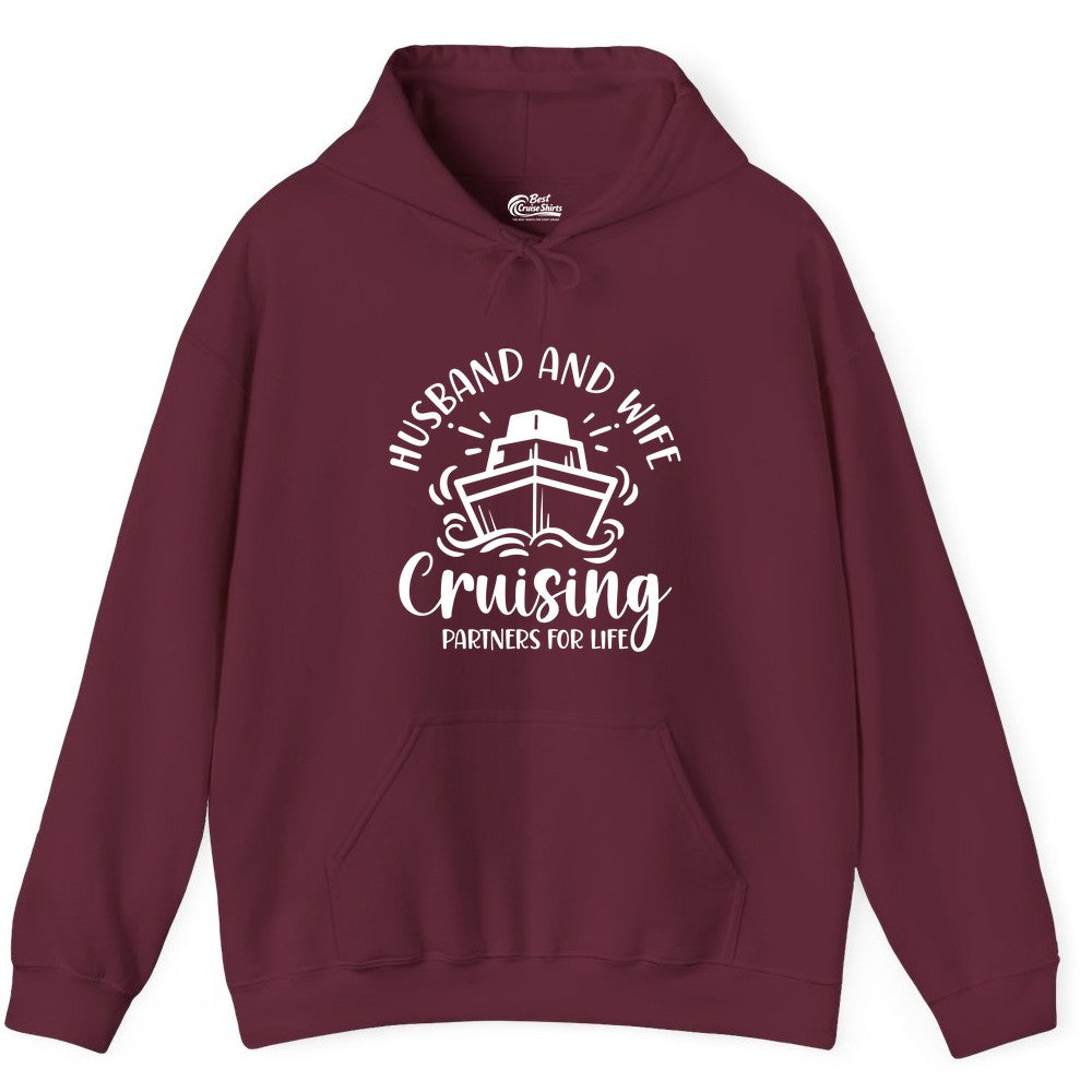 Husband Wife Cruise Shirt - Married Couple Cruising Partners Tee (Hoodie) in Maroon - Husband and Wife Cruising Partners for Life Nautical Couples Shirt
