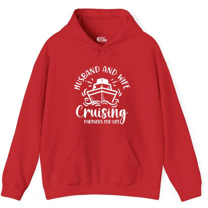 Husband Wife Cruise Shirt - Married Couple Cruising Partners Tee (Hoodie) in Red - Husband and Wife Cruising Partners for Life Nautical Couples Shirt