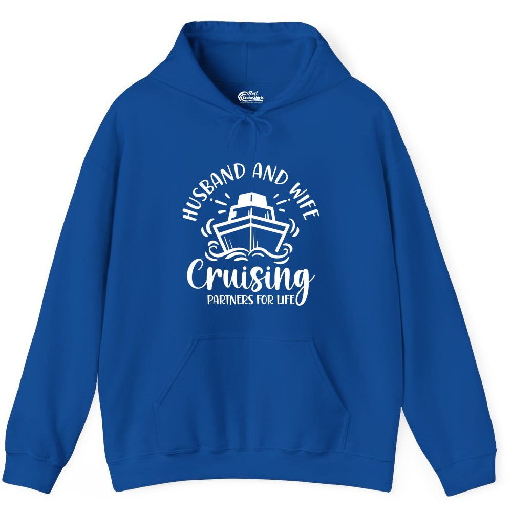 Husband Wife Cruise Shirt - Married Couple Cruising Partners Tee (Hoodie) in Royal - Husband and Wife Cruising Partners for Life Nautical Couples Shirt