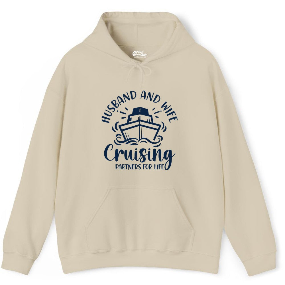Husband Wife Cruise Shirt - Married Couple Cruising Partners Tee (Hoodie) in Sand - Husband and Wife Cruising Partners for Life Nautical Couples Shirt