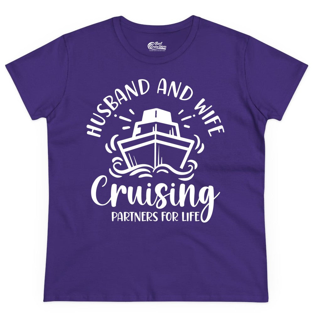 Husband Wife Cruise Shirt - Married Couple Cruising Partners Tee (Ladies Tee) in Purple - Husband and Wife Cruising Partners for Life Nautical Couples Shirt