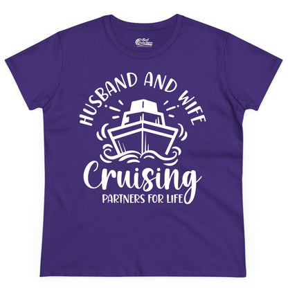 Husband Wife Cruise Shirt - Married Couple Cruising Partners Tee (Ladies Tee) in Purple - Husband and Wife Cruising Partners for Life Nautical Couples Shirt