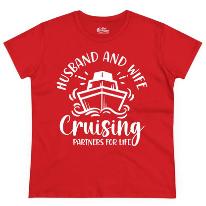 Husband Wife Cruise Shirt - Married Couple Cruising Partners Tee (Ladies Tee) in Red - Husband and Wife Cruising Partners for Life Nautical Couples Shirt