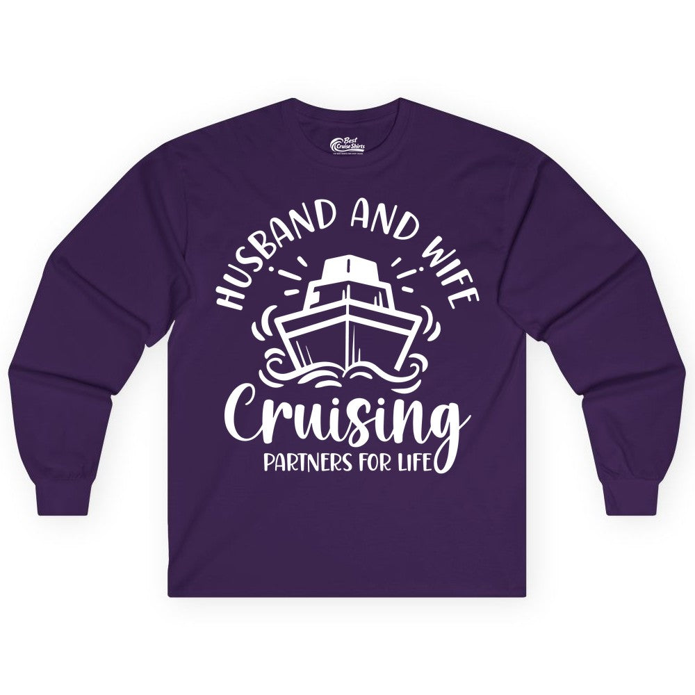 Husband Wife Cruise Shirt - Married Couple Cruising Partners Tee (Long Sleeve) in Purple - Husband and Wife Cruising Partners for Life Nautical Couples Shirt